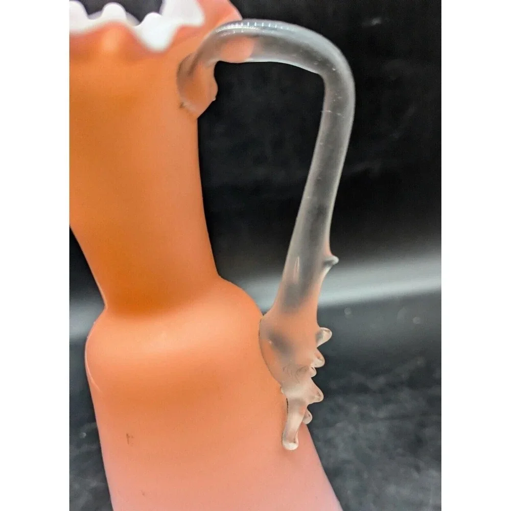 Victorian Peach Satin Glass Ewer / Pitcher Crimped Top & Applied Thorn Handle 8.